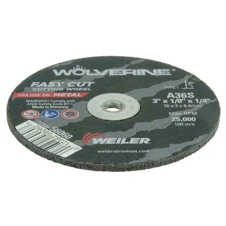 Weiler Type 1, 3 in Dia, 1/8 in Thick, Aluminum Oxide, 36 Grit 56060